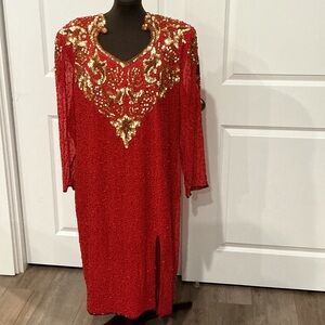 Right Choice Red Gold Sequins Dress 100% Silk Glam Bling 80s 90s Size 2XL